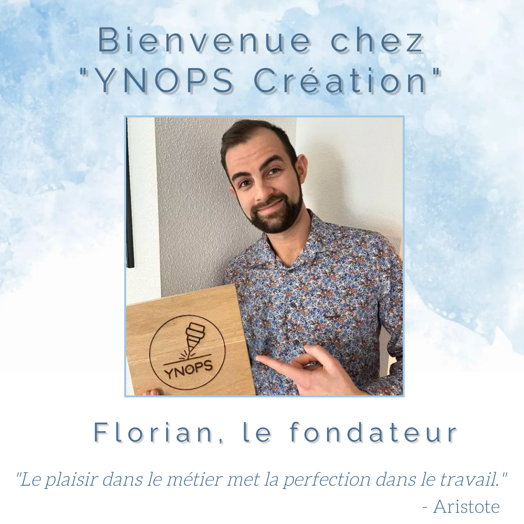 Présentation du fondateur florian montrant le logo en bois